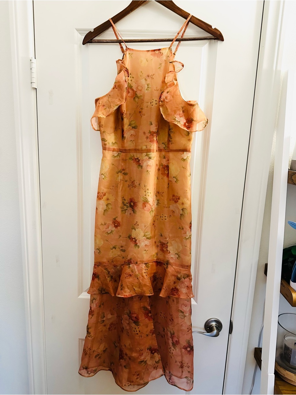 Showpo Peach Floral Ruffle Midi Dress size 4